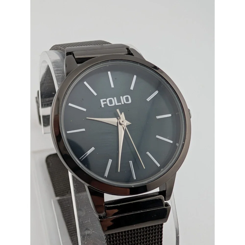 FOLIO‎ Watch Women 32mm Case Black MOP Dial Mesh Metal Band- New Battery